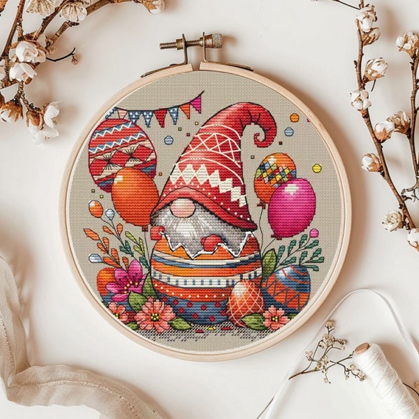 Easter gnome cross-stitch pattern, cute gnome with flowers & eggs, modern cross stitch chart, spring x-stitch design