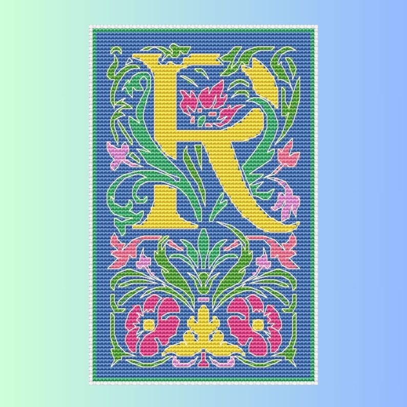 Crosshatch Lettering R Letter R Monochrome Cross Stitch Pattern, Floral Monogram Font X-stitch ...