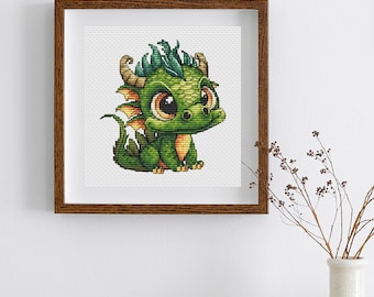 Cute baby dragon cross-stitch pattern, fantasy embroidery for kids room, modern cross stitch design