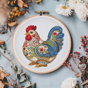 Floral chicken cross stitch pattern, counted cross stitch digital design, cute bird in flowers x-stitch pattern