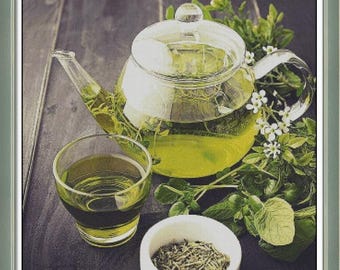 Cup & teapot cross stitch pattern, Herbal green tea x-stitch, still life drink digital design