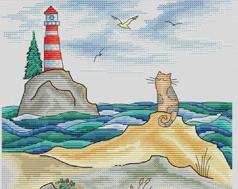 Lighthouse cross-stitch pattern, sea x-stitch design, nautical stitching pattern, ocean landscape PDF digital file