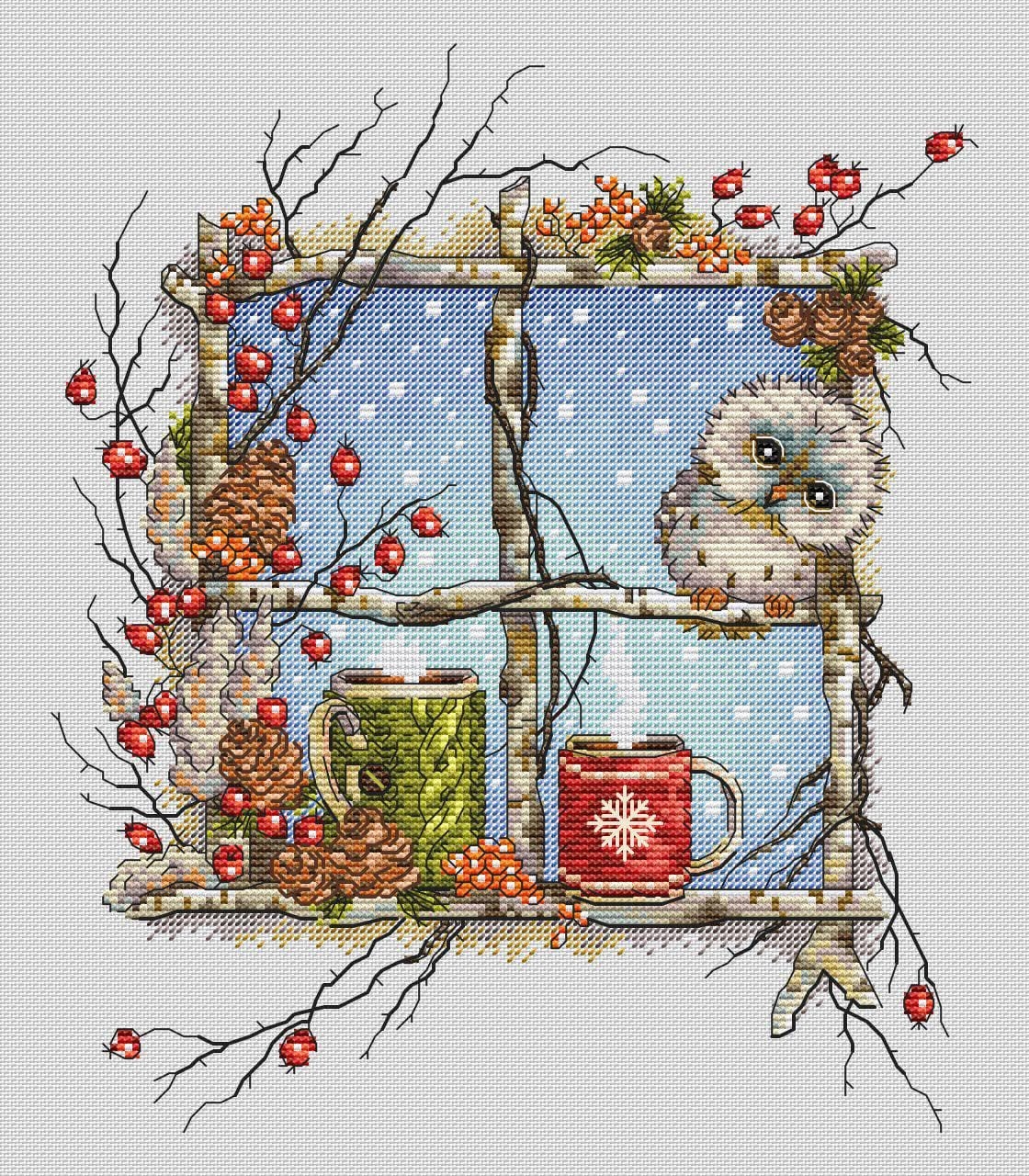Owlet on the window cross-stitch pattern, handsome owl x-stitch,warmth & comfort of home stitchi