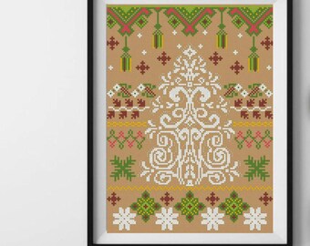 Winter Folk Sampler cross stitch pattern, geometric ornament design, Ukraine ethnic x-stitch, snowflake xstitch, Christmas needlepoint chart