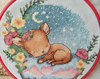 Sleeping little deer with flowers cross-stitch pattern, embroidery PDF digital, Hand Embroidery, Counted cross stitch, kids cross stitch