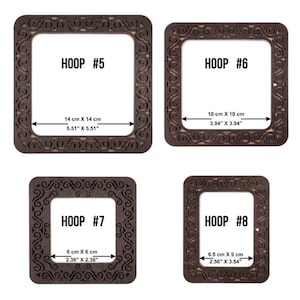 May include: Four different sizes of wooden embroidery hoops with decorative edges. The hoops are labelled with numbers 5, 6, 7, and 8. Each hoop has measurements in inches and centimetres.