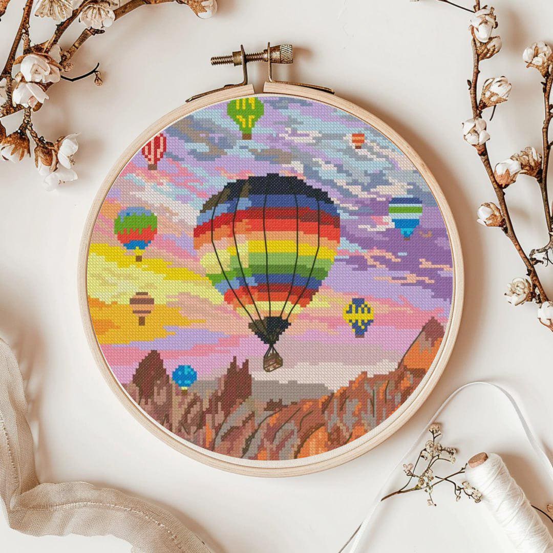 Hot Air Baloons Cross Stitch Pattern, Rainbow Balloons X-stitch