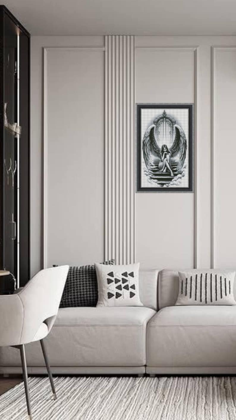 Angel Girl on Steps Cross Stitch Pattern, Woman With Wings Monochrome X ...