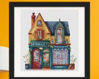 Bakery shop cross-stitch pattern, cute house embroidery PDF digital, Hand Embroidery, Counted cross stitch,