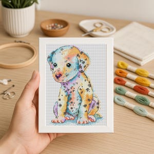 Dalmatian watercolor cross-stitch pattern, puppy dog x-stitch design, rainbow pup PDF digital file