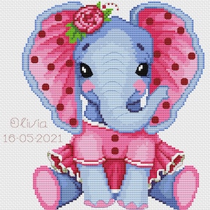Conjunto de padrão PDF de ponto cruz de elefante com 2, design de bordado métrico para recém-nascidos, cartão de nascimento de bebê digital, presente de aniversário personalizado para crianças