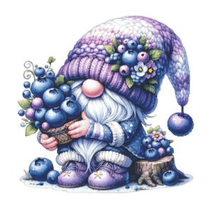 Gnome with blueberries cross-stitch pattern, cute dwarf x-stitch design, counted cross stitch