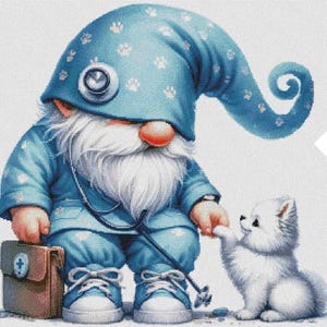 May include: A blue gnome doctor with a white beard and a stethoscope is examining a white puppy. The gnome is wearing a blue hat with white paw prints and a blue jumpsuit. The gnome is holding a brown medical bag.