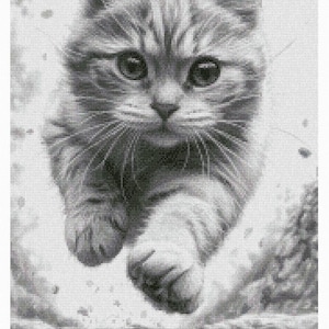 Cat cross stitch pattern, cat jump x-stitch, monochrome kitten realistic portrait needlepoint file