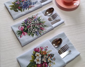 Modèles de point de croix de fleurs de printemps, petit diagramme facile de 6 bouquets de fleurs, serviettes de table nappe décoration de cuisine de printemps,