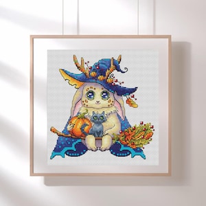 Forest witch cross stitch pattern, Halloween kawaii x-stitch design, wizard fairytale needlepoint PDF