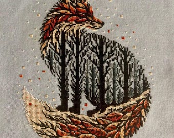 Patrón de punto de cruz de zorro, zorro otoñal en punto de cruz, diseño de animal del bosque