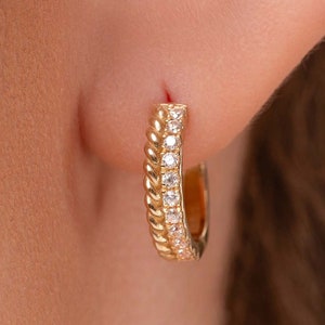 Thick Diamond Huggies, 14K Rope Diamond Earrings, 14K Huggie Hoops Earrings, Chunky Bold Big Diamond Huggies, 14K Earrings, Handmade Jewelry