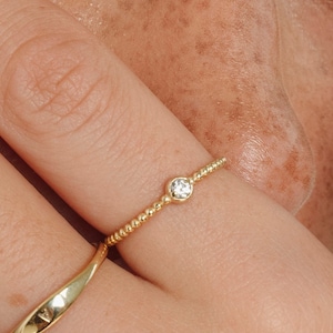 Solo Diamond Ring, 14k Solid Gold Real Diamond Ring,  Beaded Minimalist Diamond Ring, Dainty Stacking Ring, Engagement Bezel Diamond Ring