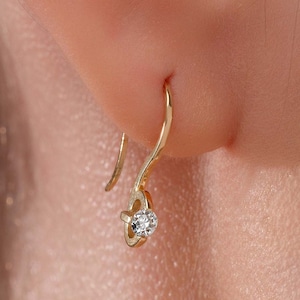 14k Solid Gold Diamond Drop Earrings, Hanging Diamond Minimalist Earrings, Dainty Diamond Earrings