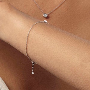 Lariat Diamond Bracelet / 14K Dainty Diamond Solitaire Bracelet / Diamond Chain Bracelet / Diamond Lariat Diamond Bracelet / Mothers Gift