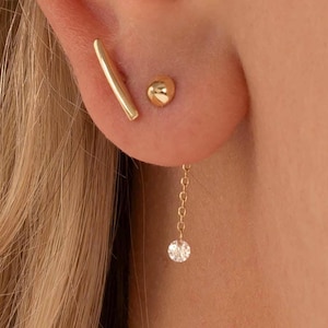 14k Solid Gold Ketten Ohrringe / Einfädler Diamant Ohrring / Baumeln Kette Befestigung / Handgemachte Tropfen Kette Erringe / Muttertagsgeschenk
