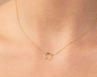 Diamond Crescent Moon Necklace | 14k Solid Gold Real Diamond Celestial Pendant | 14k Solid Gold Moon Layering Necklace | Birthday Gift