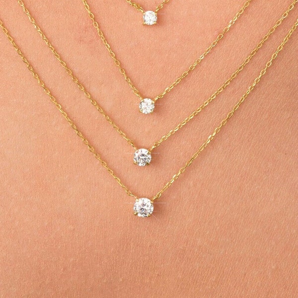 14K Gold Diamond Necklace, Attached Diamond On Chain, Diamond Solitaire Necklace, Bridesmaid Necklace, Diamond Necklace, 14k Gold Jewelry