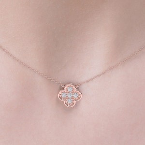 Collana in oro 14 carati con diamanti, collana con quadrifoglio con diamanti, collana in oro con diamanti, collana con diamanti naturali, bellissima collana, UE