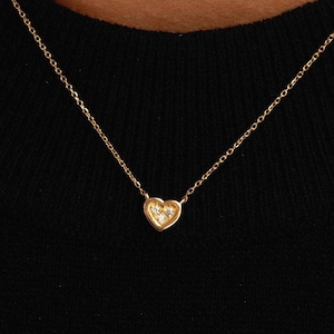 14k Solid Gold Diamond Heart Necklace: Dainty Minimalist Jewelry