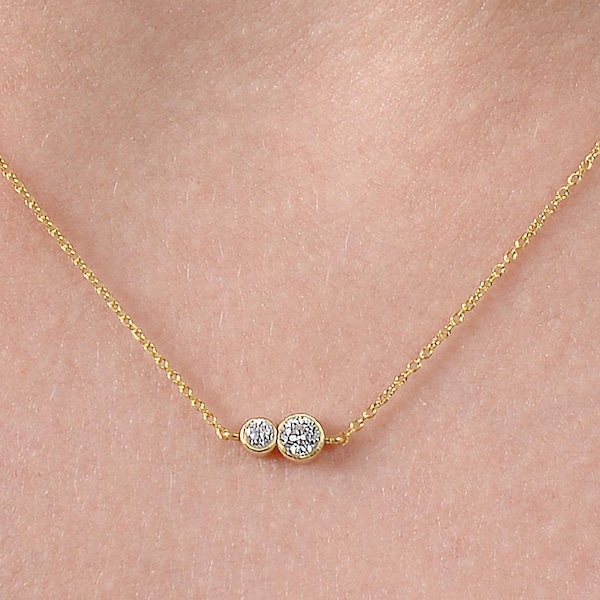 14k Gold Double Diamond Bezel Necklace: Minimalist Solitaire