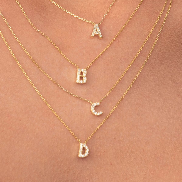 Collar inicial de diamantes de oro macizo de 14K / collar de letras de diamantes / collar de diamantes inicial delicado / collar de monograma de nombre
