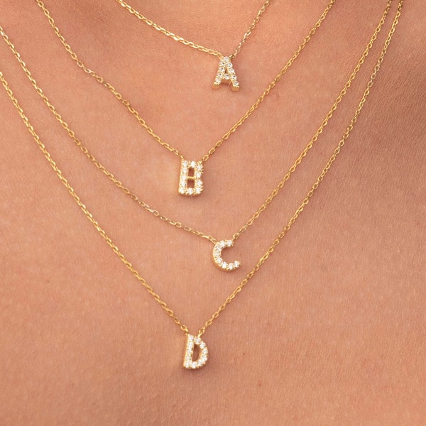 Collier initiale diamant en or massif 14 carats / Collier lettre diamant / Collier initial diamant délicat / Collier monogramme nom