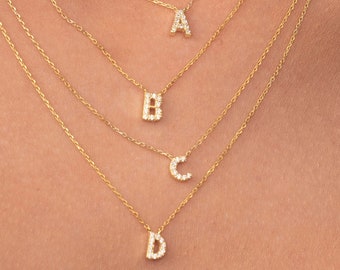 Collar inicial de diamantes de oro macizo de 14K / collar de letras de diamantes / collar de diamantes inicial delicado / collar de monograma de nombre