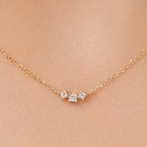 Dainty Diamond Necklace / 14k Three Curved Cluster Necklace / 14k Solid Gold Minimalist Diamond Necklace / Tiny Cluster Gold Necklace