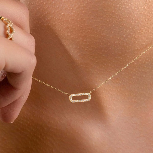 14k Diamond Pendant Necklace / Oval Diamond Chain Necklace / Stackable Minimalist Geometric Necklace / Eternity Pave Necklace