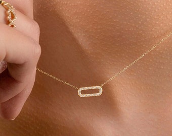 14k Diamond Pendant Necklace / Oval Diamond Chain Necklace / Stackable Minimalist Geometric Necklace / Eternity Pave Necklace
