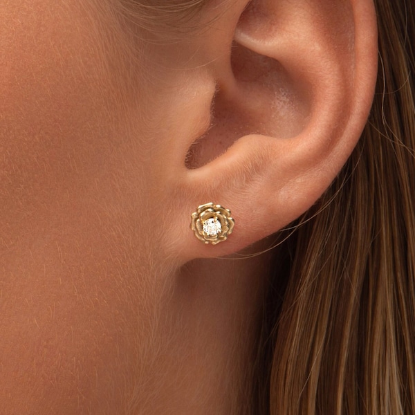 14k Rose Stud Diamond Earrings / 14k Flower Earrings / 14K Solid Gold Rose Flower Stud Earring / Handmade Gold Earrings / Gift for her