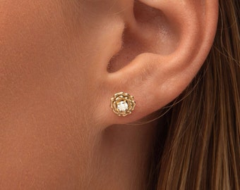 14k Rose Stud Diamond Earrings / 14k Flower Earrings / 14K Solid Gold Rose Flower Stud Earring / Handmade Gold Earrings / Gift for her