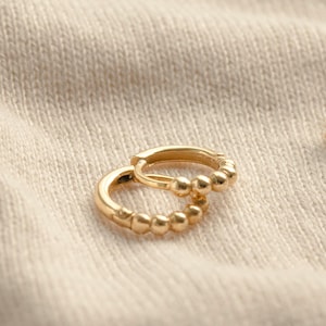 14K Gold Huggie Hoop Earrings - Beaded Pair Huggie Hoops - Solid Gold Dainty Hoops - Women's Gold Earrings - 14K Real Gold Huggie Earrings