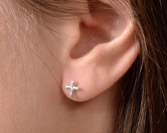 Cross earrings, Cross Stud Earrings, 14K Solid Gold Earrings, Tiny Cross stud earrings, Religious Earrings, Dainty Stud Earrings