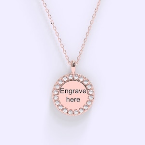Diamond Disc Necklace \ 14K Solid Engraved Circle Necklace \ Personalized Diamond Necklace \ Dainty Diamond Necklace for Everyday Wear