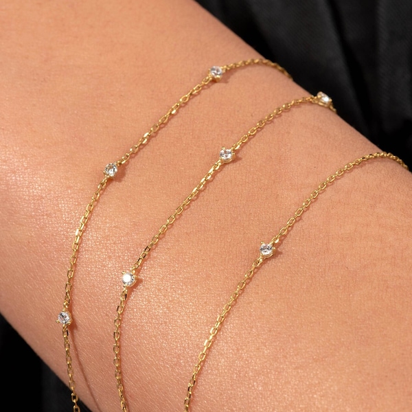 Pulsera de estación de diamantes de oro macizo de 14k / Pulsera de corte de diamante a medida / Pulsera de diamantes solitarios de oro de 14k / Pulsera de solitario de diamantes