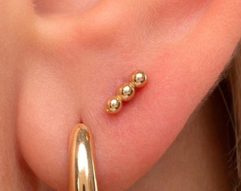 14k Solid Gold Sphere Bar Stud Earrings: Hypoallergenic Minimalist Jewelry