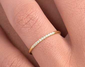 Simple Diamond Ring / Wedding Engagement Ring Diamond Eternity Minimalist 14k Solid Yellow Gold Micro Pave Ring / Gift for Her