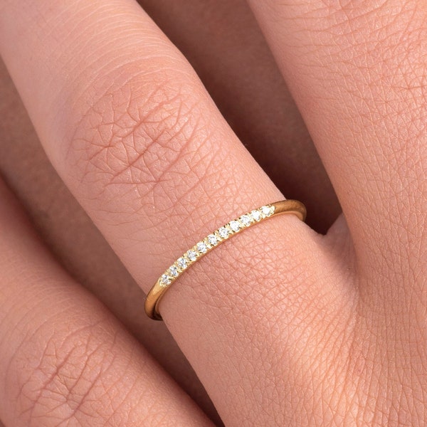 Bague diamant simple/bague de fiançailles de mariage Bague micro pavée en or jaune massif 14 carats minimaliste/Cadeau pour elle