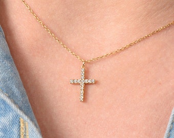 Collar de cruz de diamantes 14k oro sólido / collar de fe cristiana para mujeres / collar religioso / collar de cruz de oro real / regalo para ella