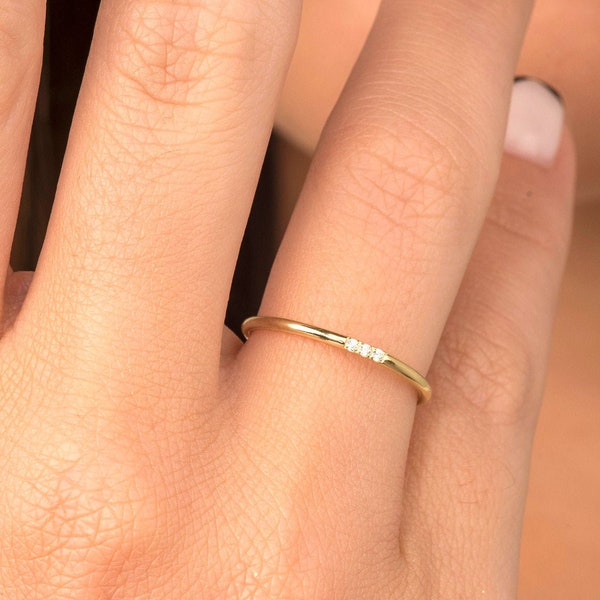 14K Solid Gold Elegant Stackable Thin Band Dainty Ring / Gold Dainty Diamond Ring / Stackable Thin Ring / Gift for Her /  Gift for Her