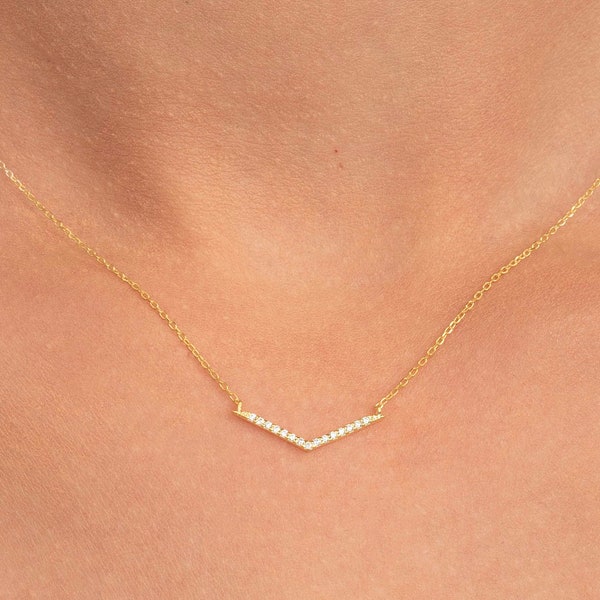 Collier chevron en diamant/collier en forme de V en or massif 14 carats/collier diamant chevron délicat/collier minimaliste/cadeau pour elle