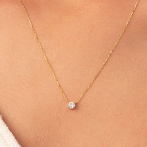 14k Gold Diamond Solitaire Necklace: Dainty Bezel Set, Adjustable Length